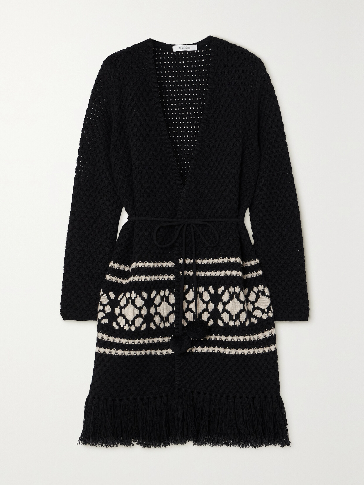 Shop Max Mara Orione Fringed Belted Wool And Cashmere-blend Cardigan In Black