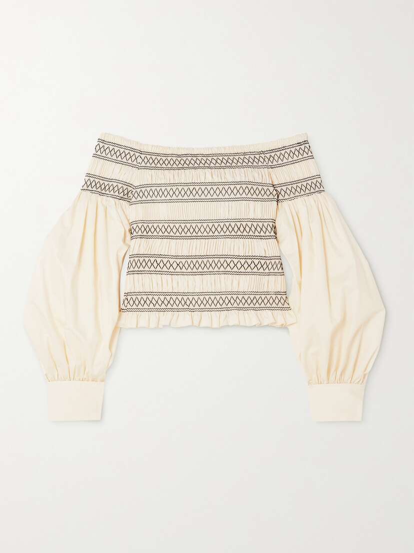 Max Mara — Walk off-the-shoulder smocked cotton top