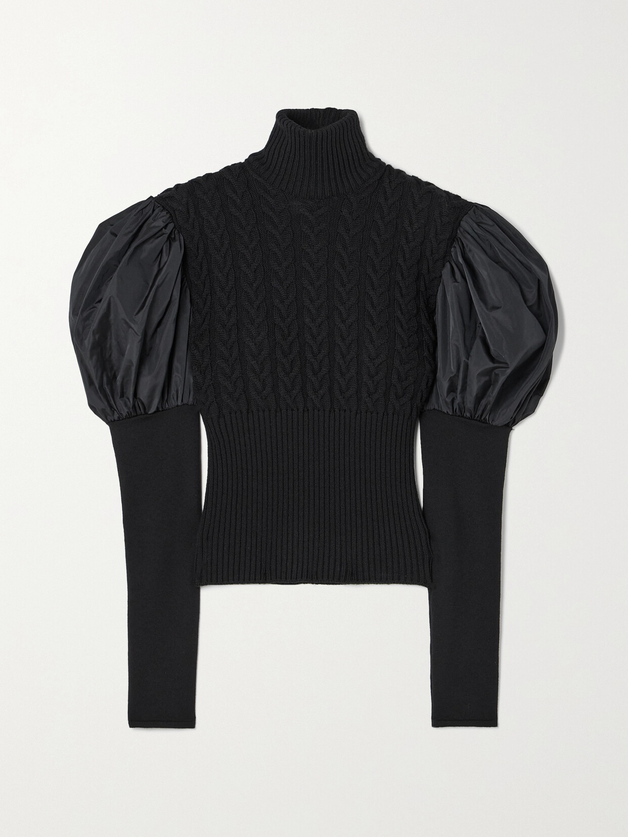 Shop Max Mara Aster Taffeta-paneled Cable-knit Wool Turtleneck Sweater In Black