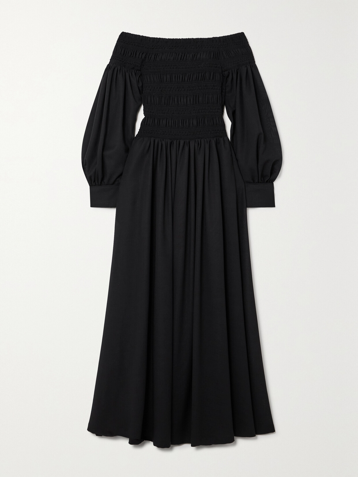 Shop Max Mara Manu Off-the-shoulder Shirred Wool-gauze Maxi Dress In Black