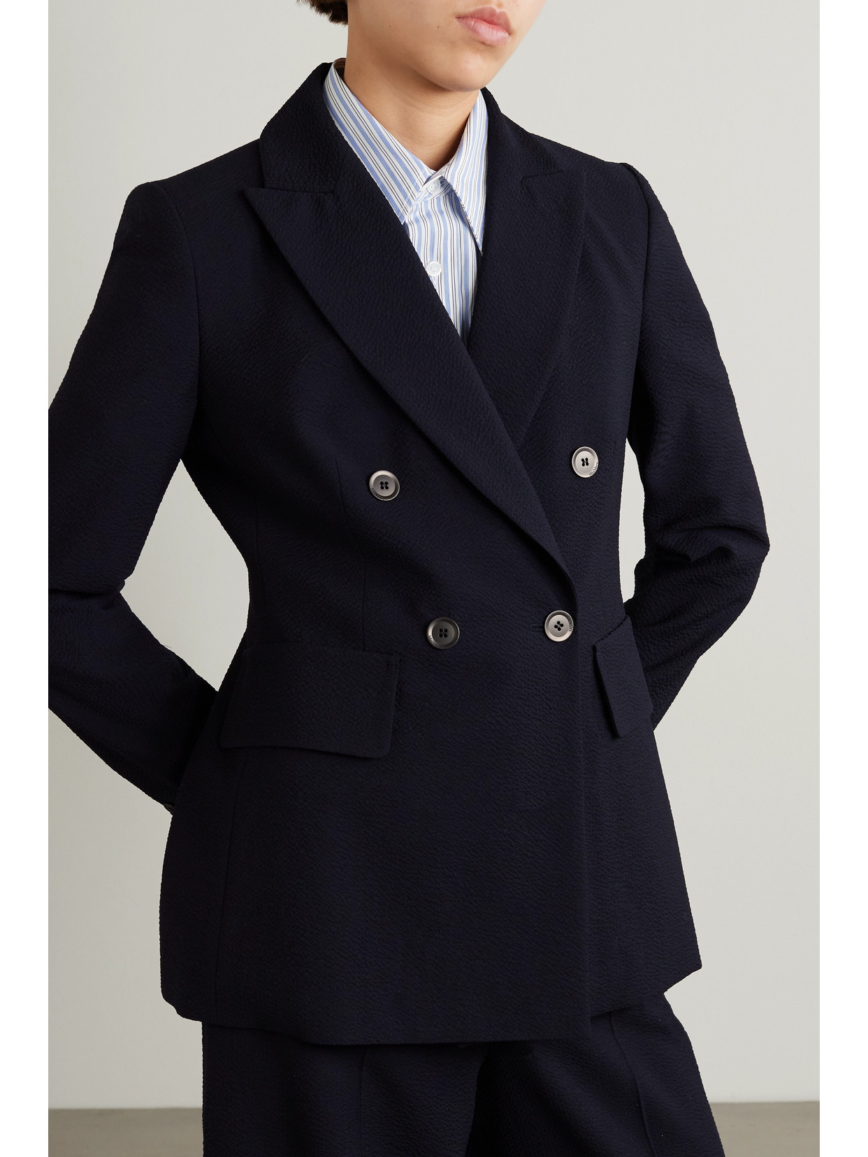 Shop Max Mara Albero Double-breasted Wool-blend Seersucker Blazer In Blue