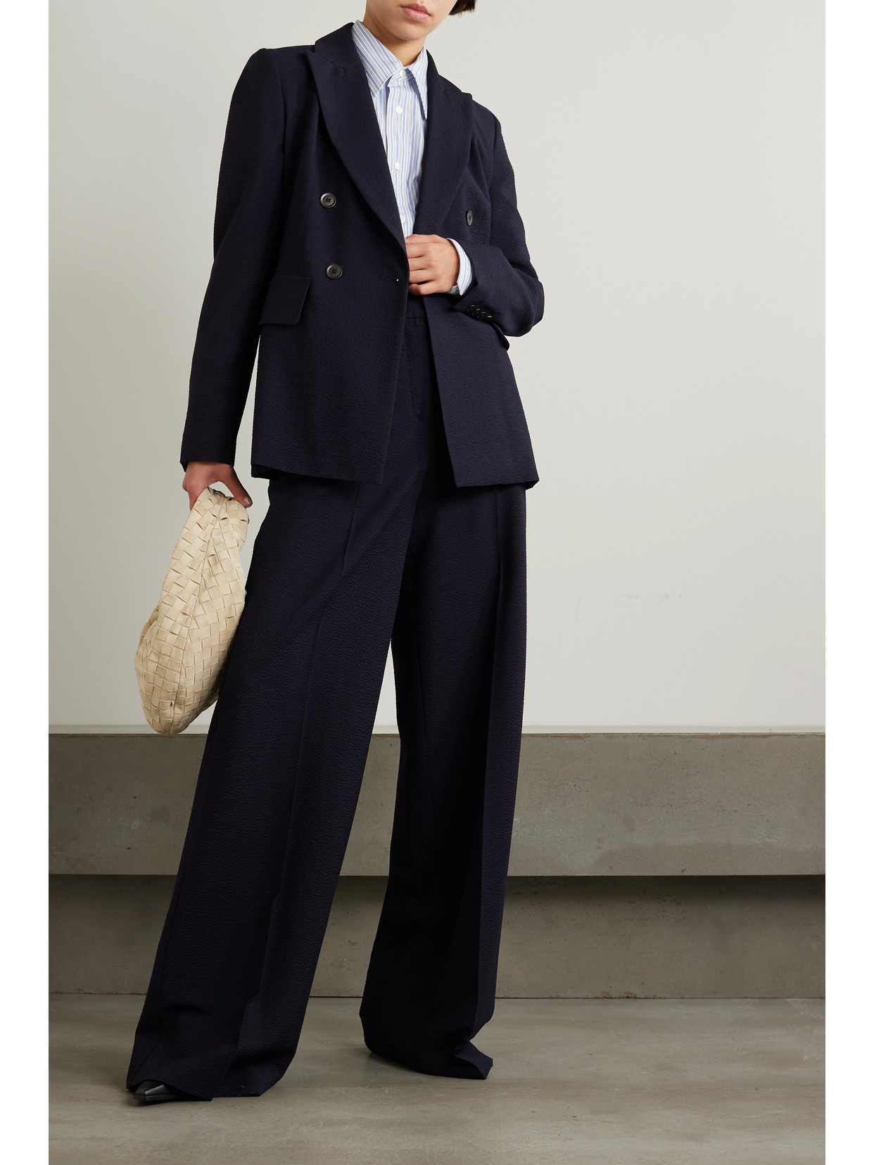 Max Mara Albero Double-breasted Wool-blend Seersucker Blazer In Blue