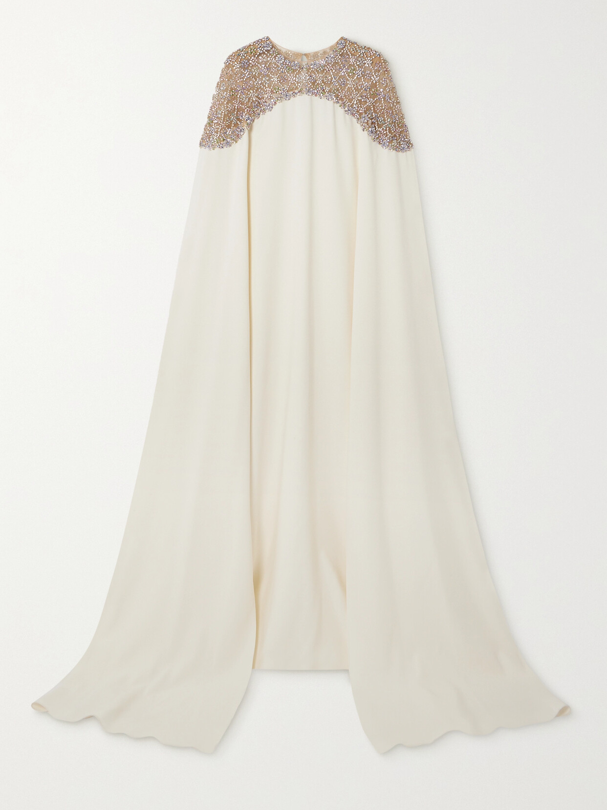 Oscar De La Renta Cape-effect Embellished Tulle-trimmed Stretch-silk Crepe Gown In White