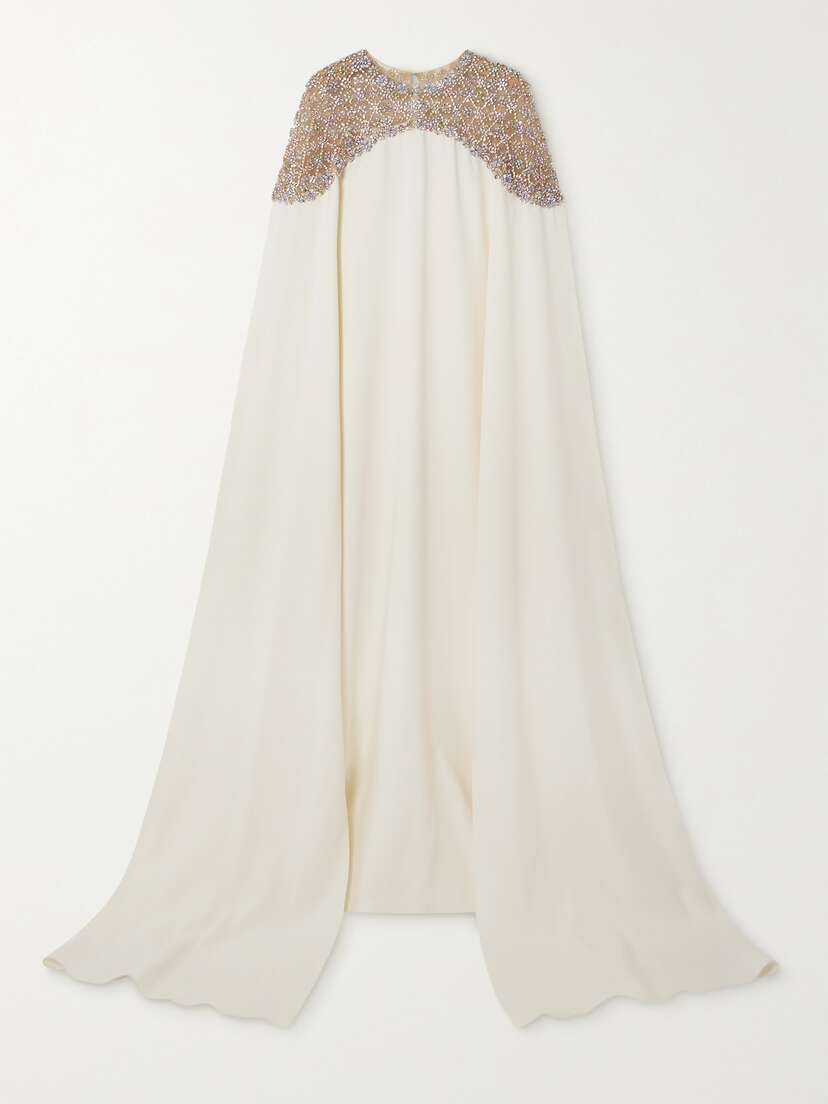 Oscar de la Renta Cape-effect Embellished Tulle-trimmed Stretch-silk Crepe Gown - x large