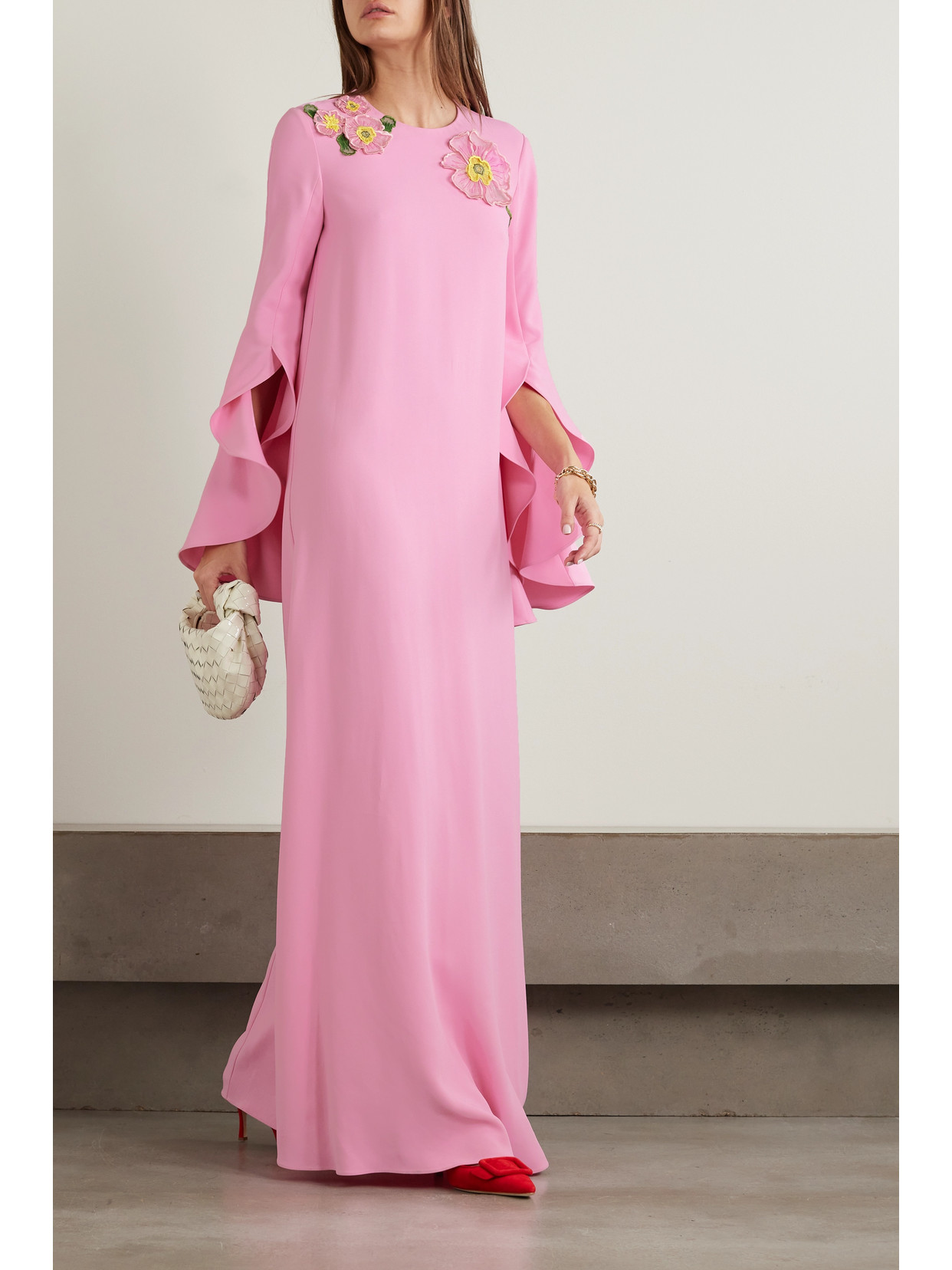 Shop Oscar De La Renta Appliquéd Stretch-silk Crepe Gown In Pink