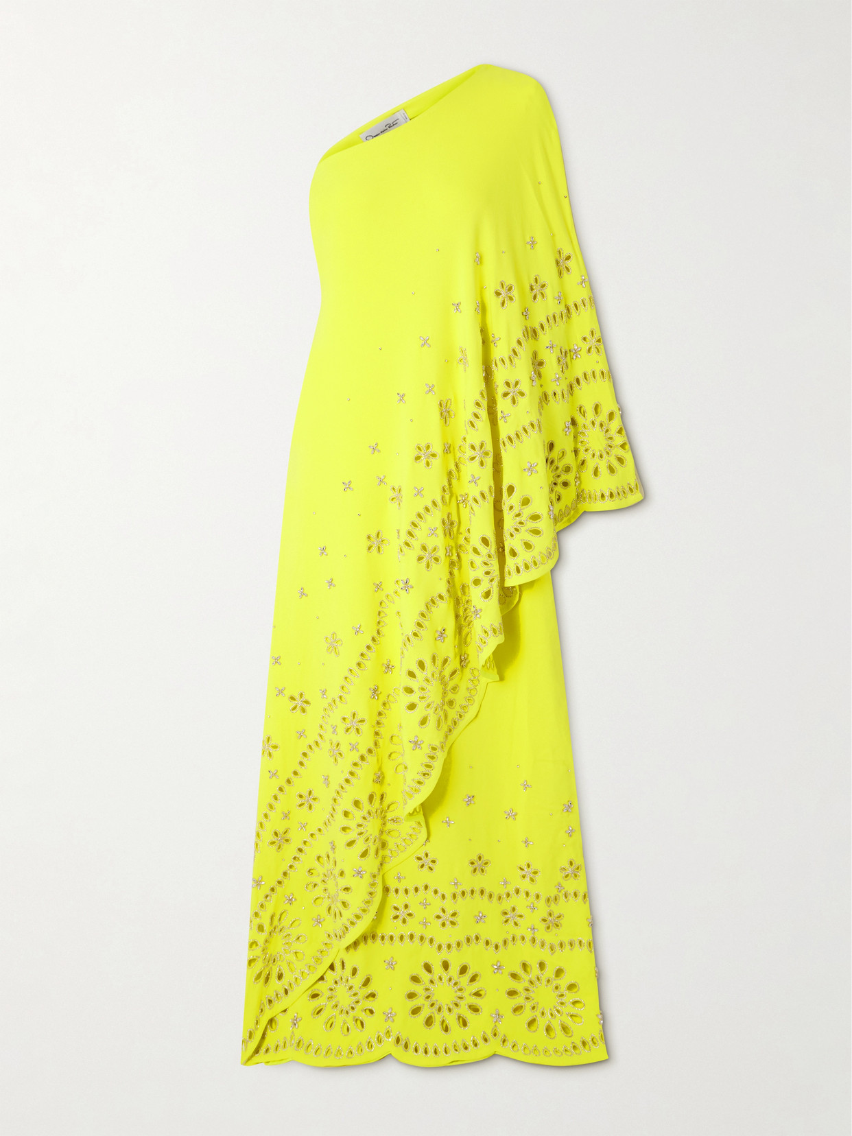 Oscar De La Renta One-shoulder Embellished Broderie Anglaise Stretch-silk Crepe Gown In Yellow