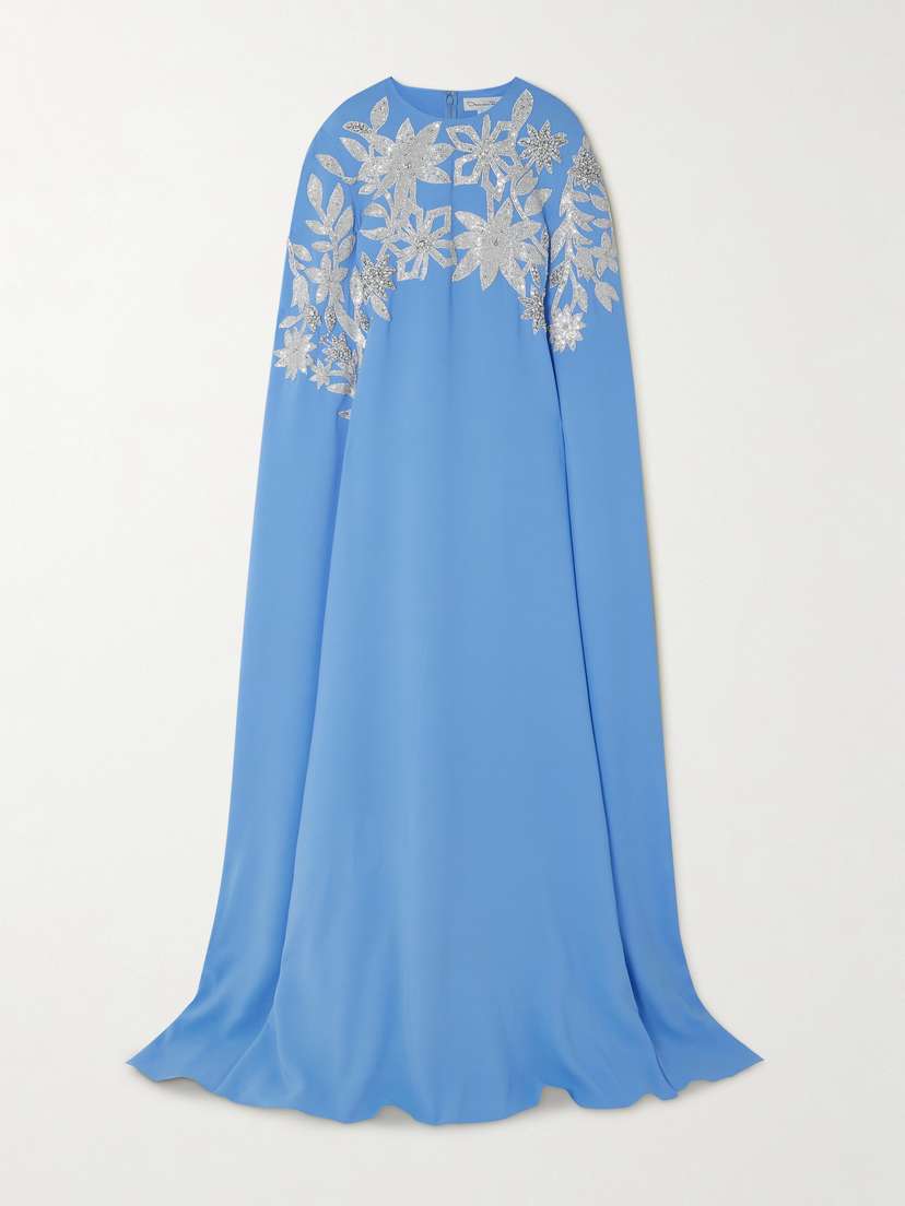 Oscar de la Renta Cape-effect Embellished Stretch-silk Crepe Gown