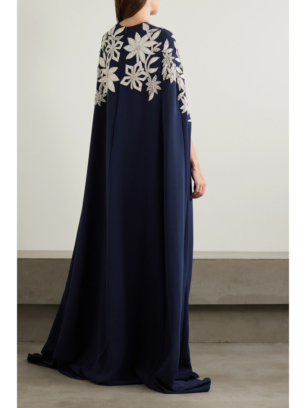 Shop Oscar De La Renta Cape-effect Embellished Stretch-silk Crepe Gown In Blue