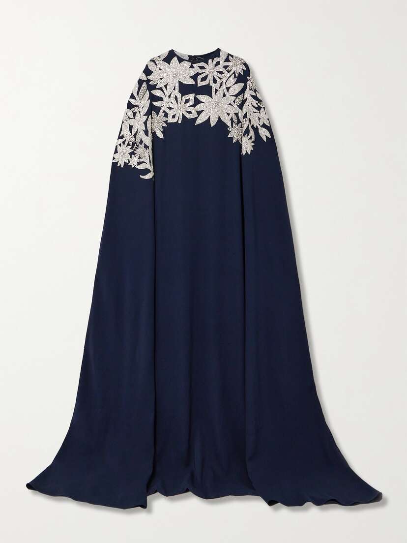 Oscar de la Renta Cape-effect Embellished Stretch-silk Crepe Gown