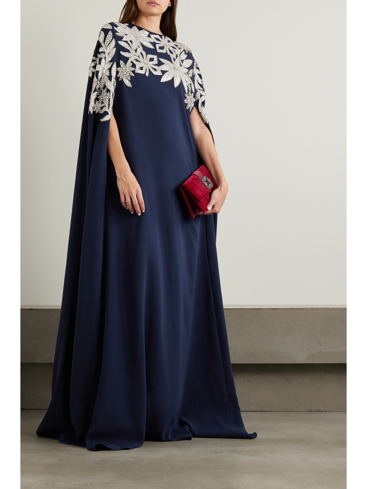 Shop Oscar De La Renta Cape-effect Embellished Stretch-silk Crepe Gown In Blue