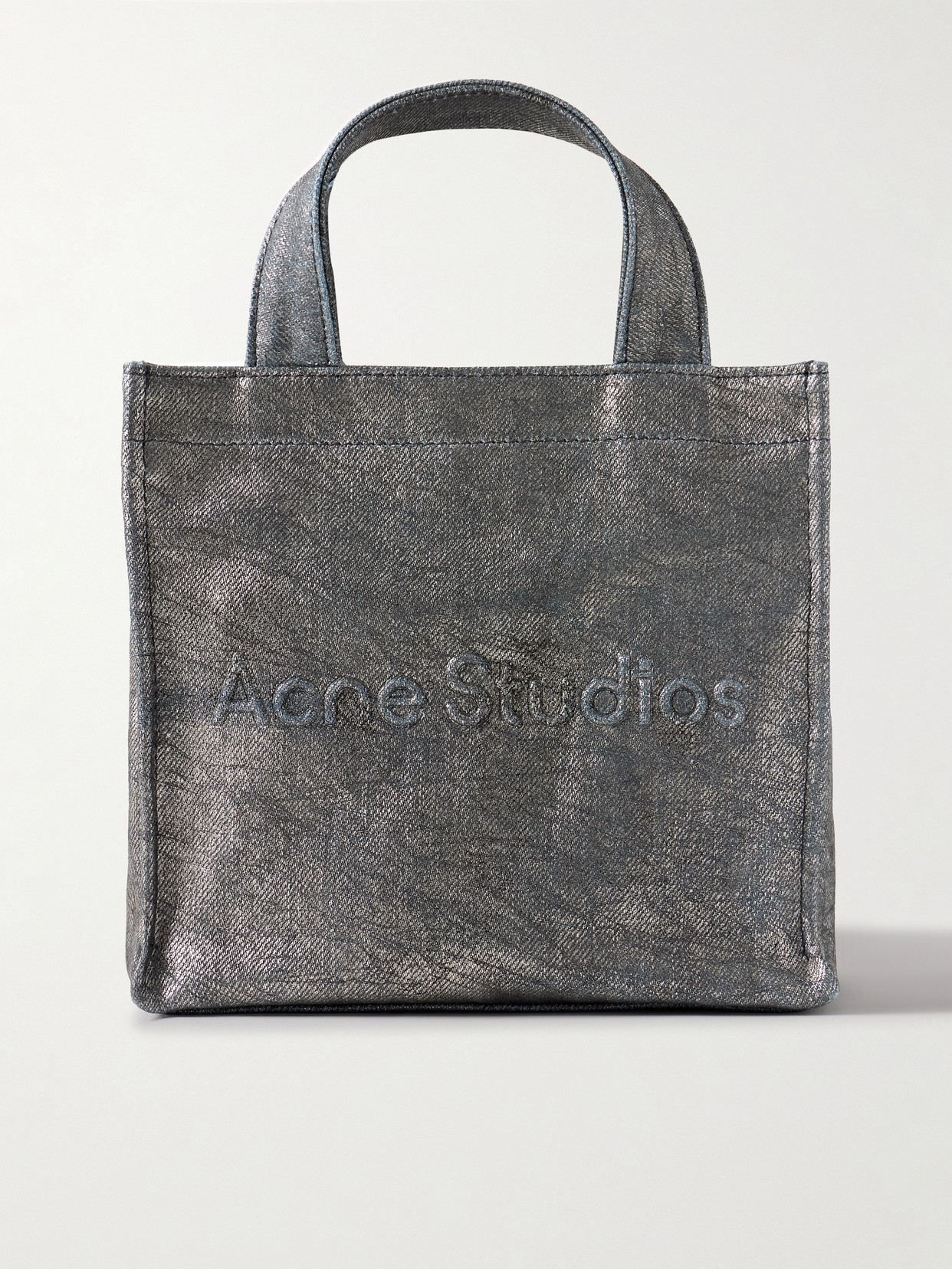 Acne Studios Embossed Distressed Metallic Denim Tote In Blue