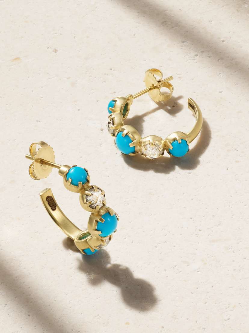 Sylva & Cie 18-karat Gold, Turquoise And Diamond Hoop Earrings