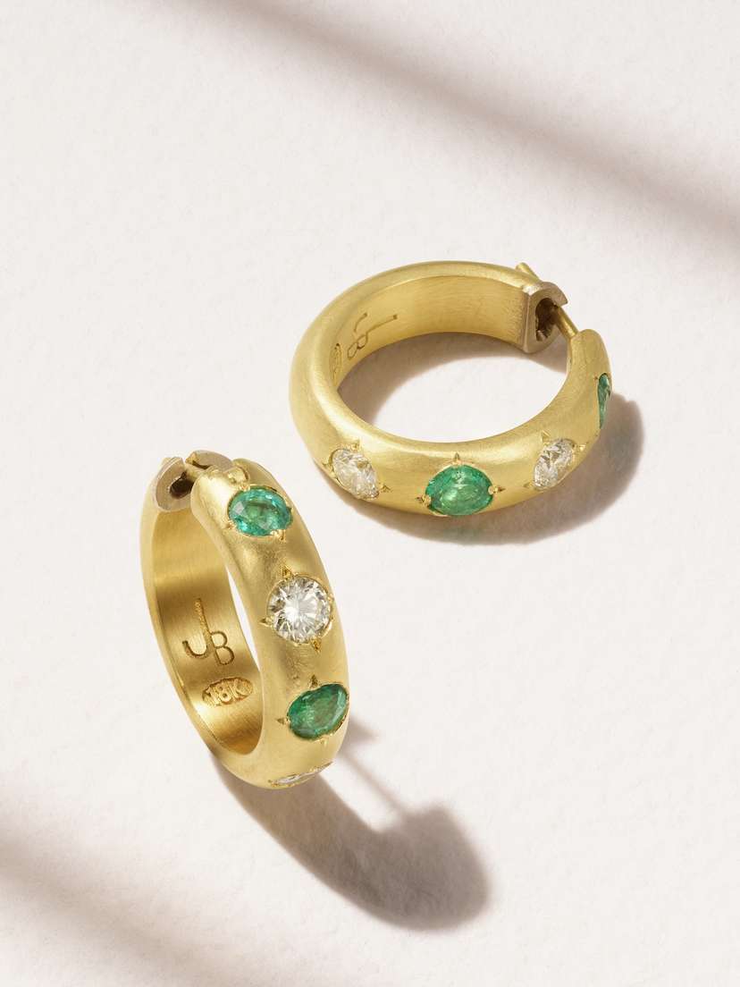 Jenna Blake 18-karat Gold, Diamond And Emerald Hoop Earrings