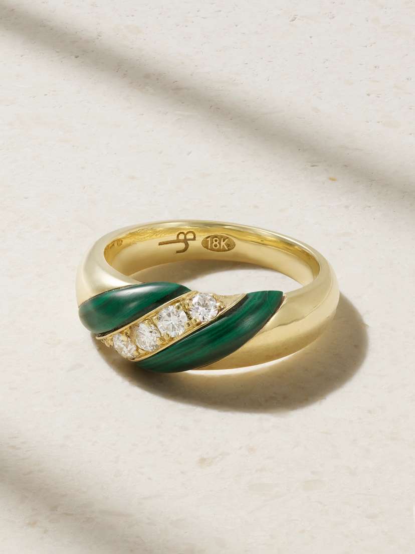Jenna Blake 70s 18-karat Gold Malachite And Diamond Ring