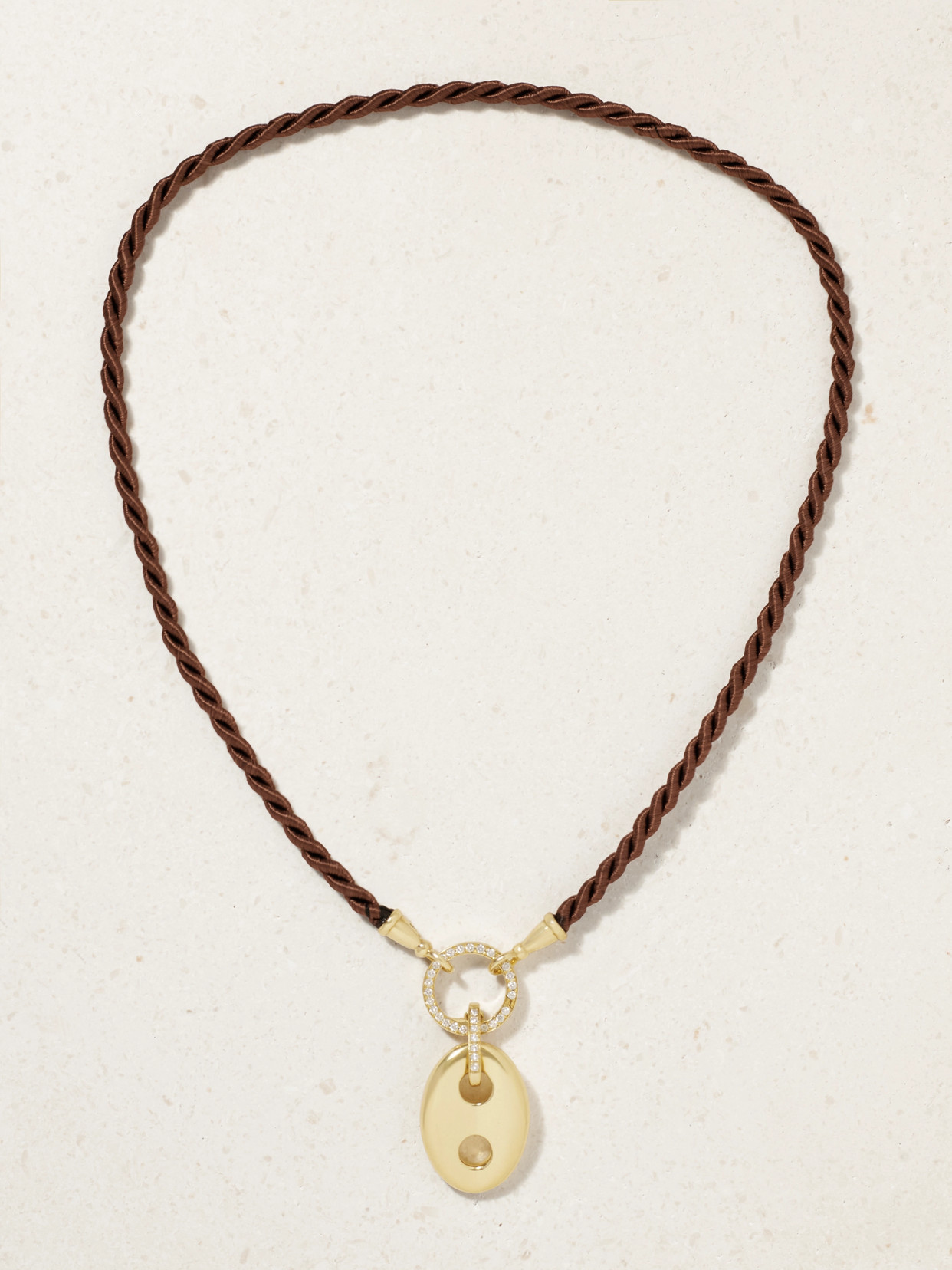 Jenna Blake 18-karat Gold, Diamond And Silk Cord Necklace And Pendant In Brown