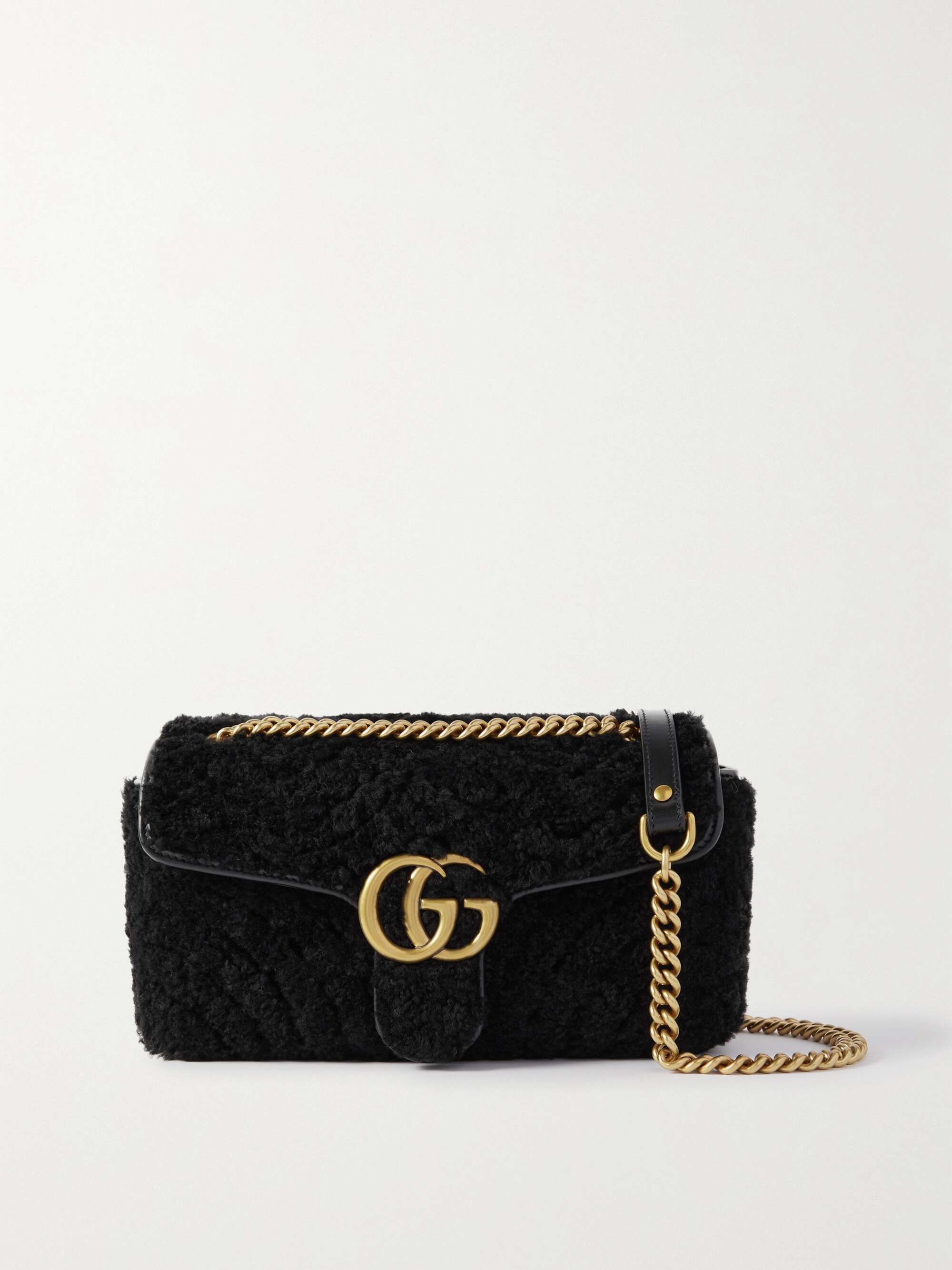 GUCCI GG Marmont 2.0 leather-trimmed matelassé shearling shoulder