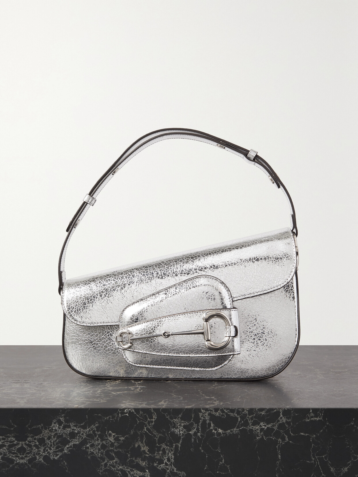Gucci 1955 Horsebit Metallic Cracked-leather Shoulder Bag