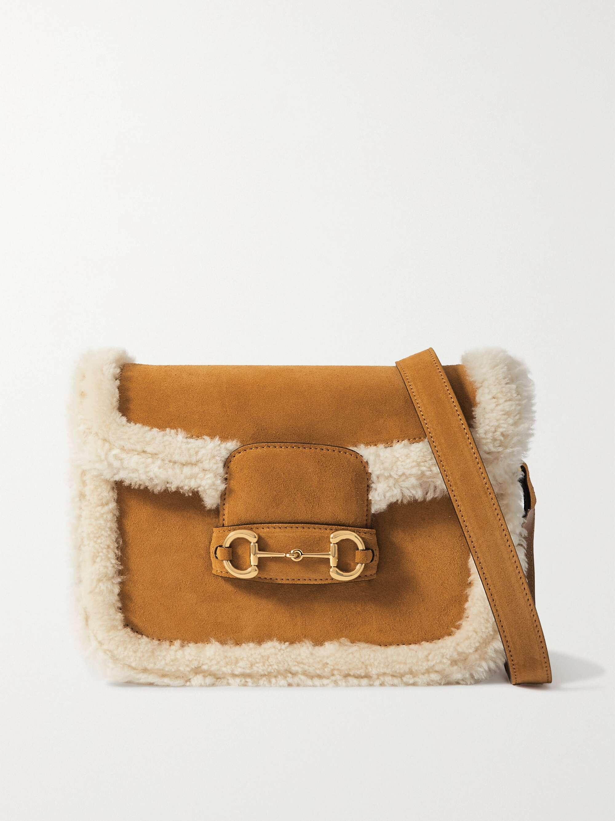 GUCCI Horsebit 1955 shearling-trimmed suede shoulder bag | NET-A-PORTER