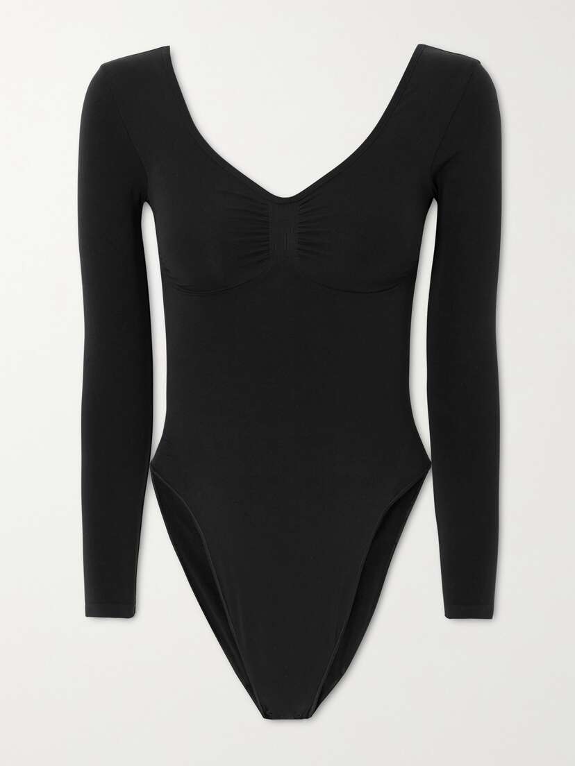 Skims Seamless Sculpt Long Sleeve Low Back Briefs Bodysuit - Onyx