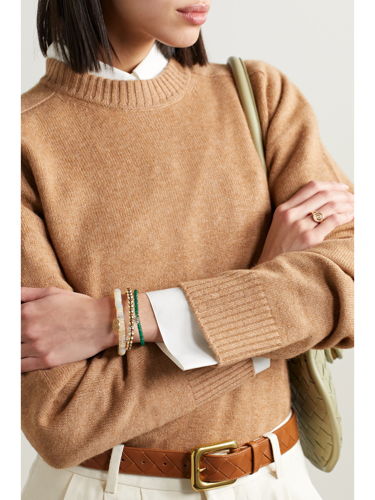 Sydney Evan Tiny Monstera Leaf 14-karat Gold, Aventurine And Diamond Bracelet In Gold