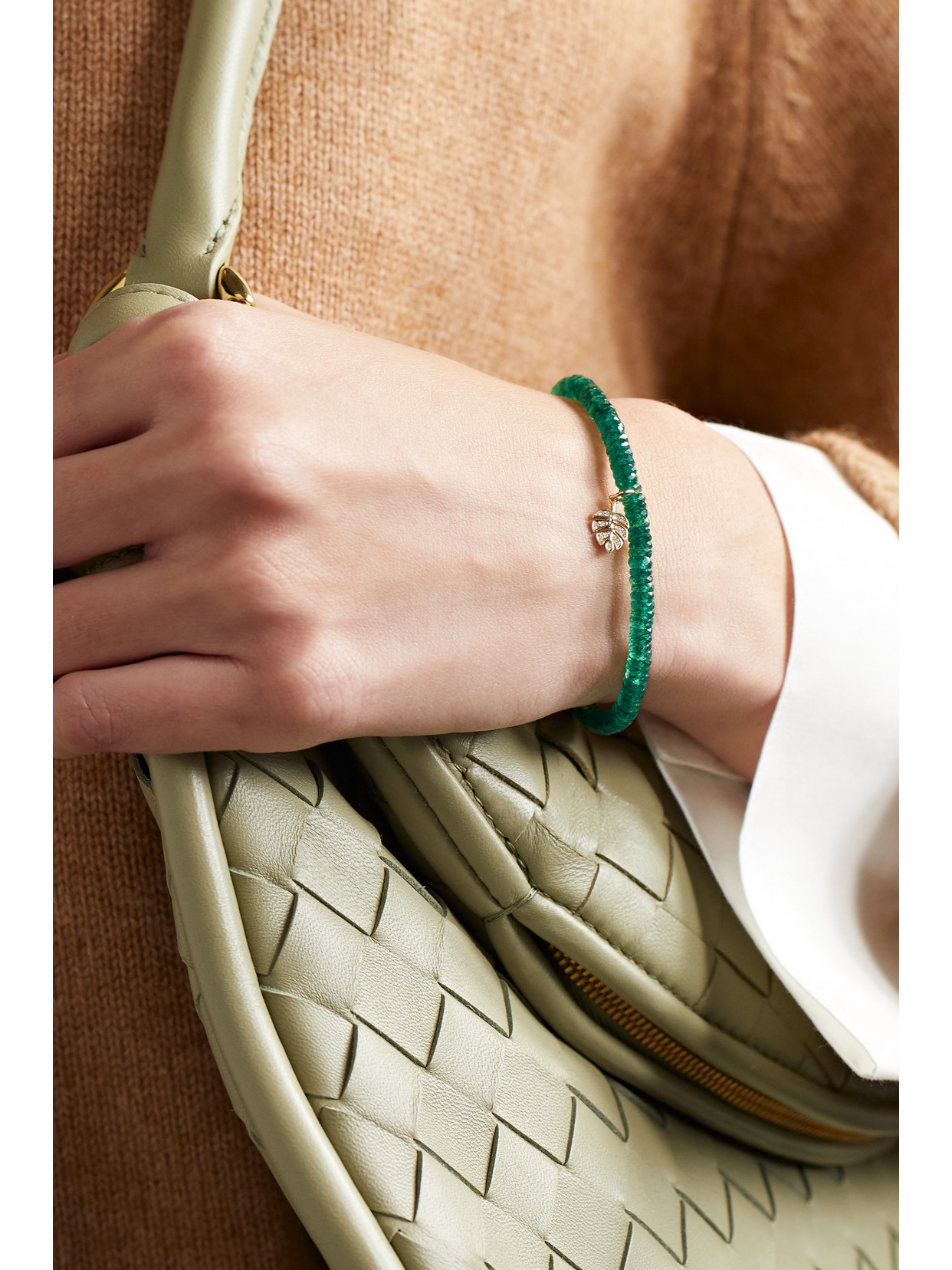 Sydney Evan Tiny Monstera Leaf 14-karat Gold, Aventurine And Diamond Bracelet In Gold