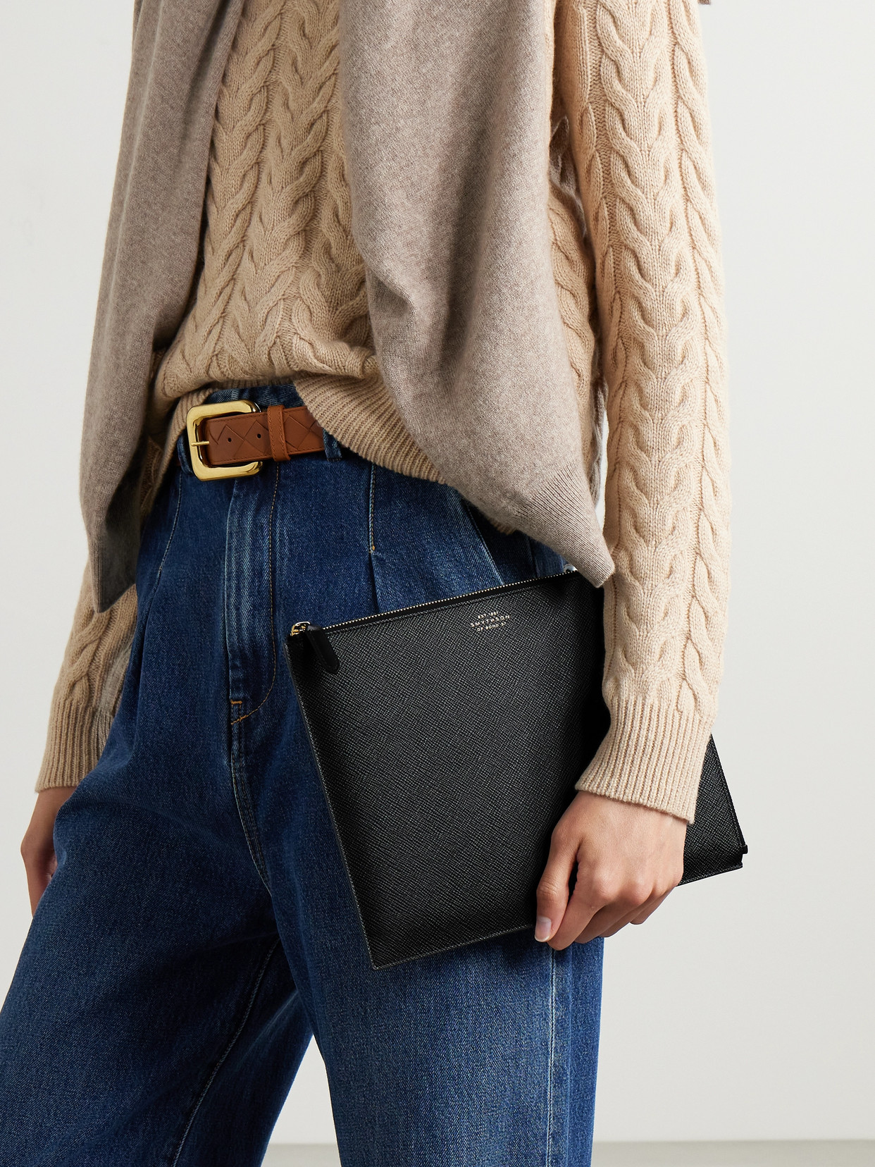 Smythson Panama Textured-leather Clutch In Black