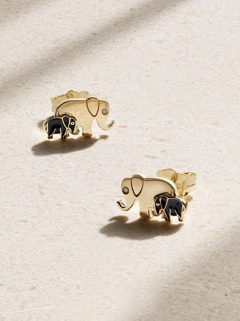 Sydney Evan Elephant Family 14-karat Gold, Enamel And Diamond Earrings