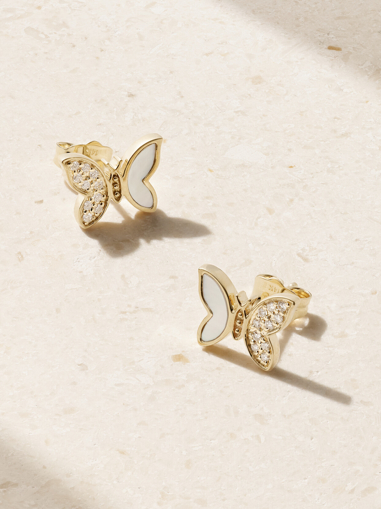 Sydney Evan Tiny Butterfly 14-karat Gold, Diamond And Mother-of-pearl Earrings