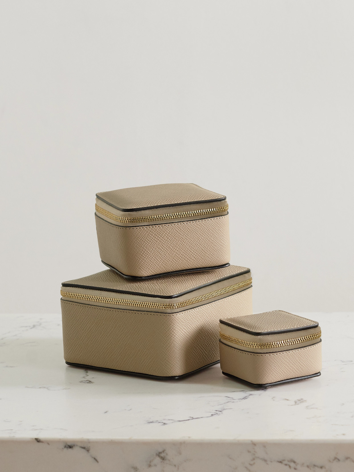 Smythson - Panama Set Of Three Textured-leather Cases - Neutrals