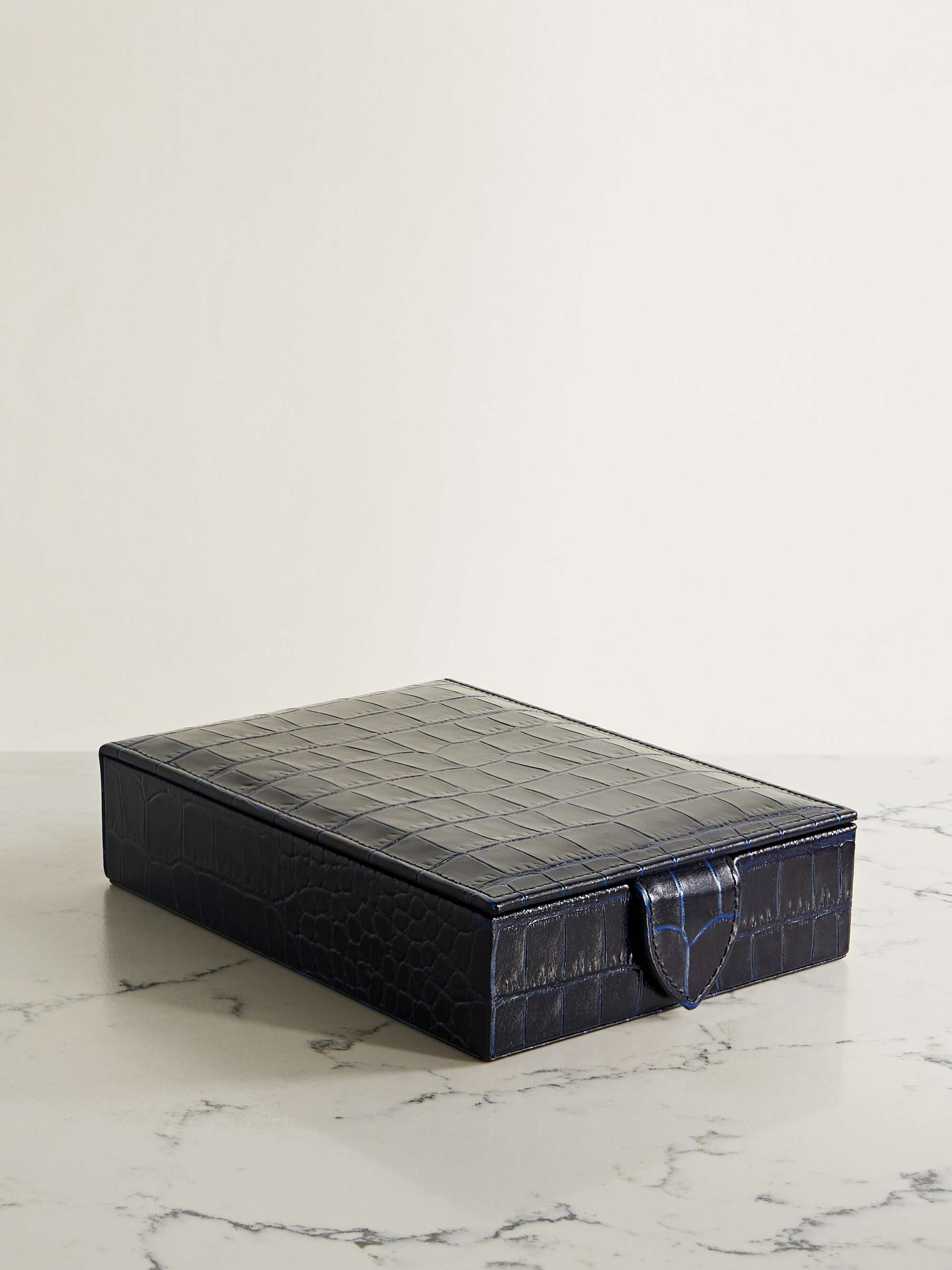 Smythson Mara Croc-effect Leather Jewelry Box - Navy