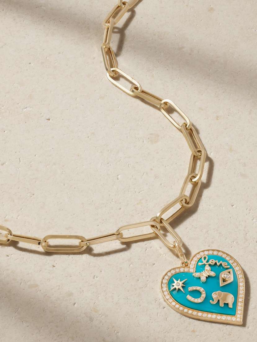 Sydney Evan Puffy Icon Heart 14-karat Gold, Turquoise And Diamond Necklace