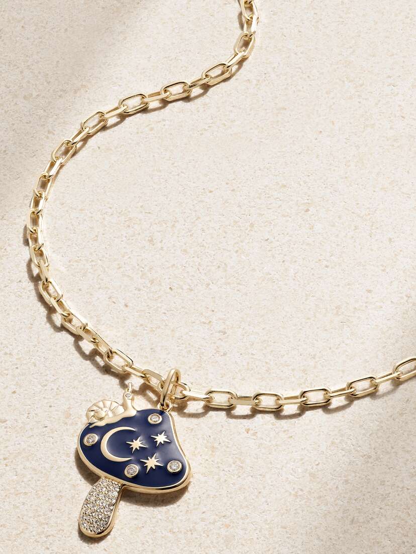 Sydney Evan Large Celestial Mushroom 14-karat Gold, Enamel And Diamond Necklace