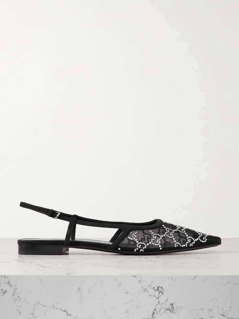 Gucci Demi Suede-trimmed Crystal-embellished Mesh Ballet Flats