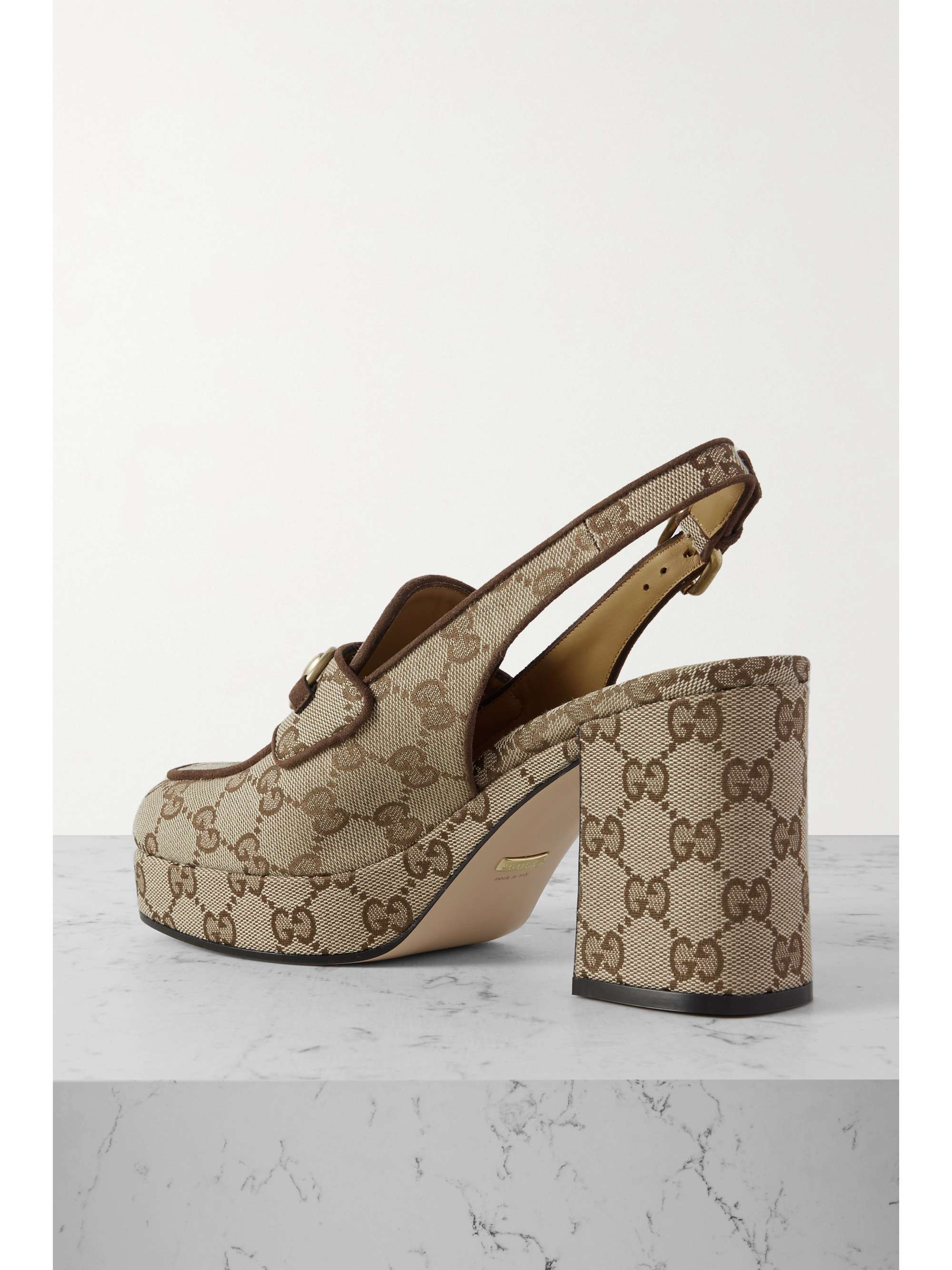 GUCCI Lady horsebit-detailed suede-trimmed canvas-jacquard slingback ...