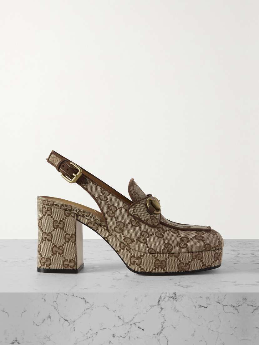 Gucci Lady Horsebit-detailed Suede-trimmed Canvas-jacquard Slingback Platform Pumps