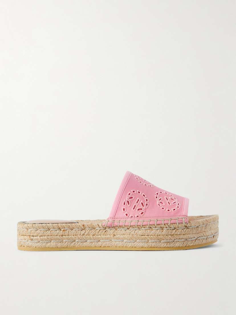 Gucci Damita Broderie Anglaise Canvas Espadrille Platform Slides