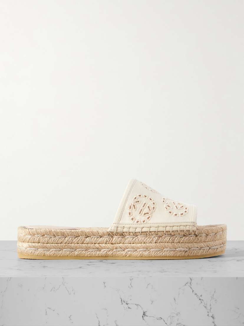 Gucci Damita Broderie Anglaise Canvas Espadrille Platform Slides