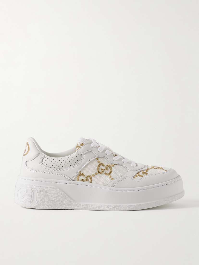 Gucci Leather And Metallic Embroidered Canvas Platform Sneakers
