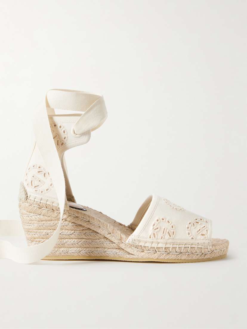 Gucci Damita Broderie Anglaise Canvas Espadrille Wedge Sandals