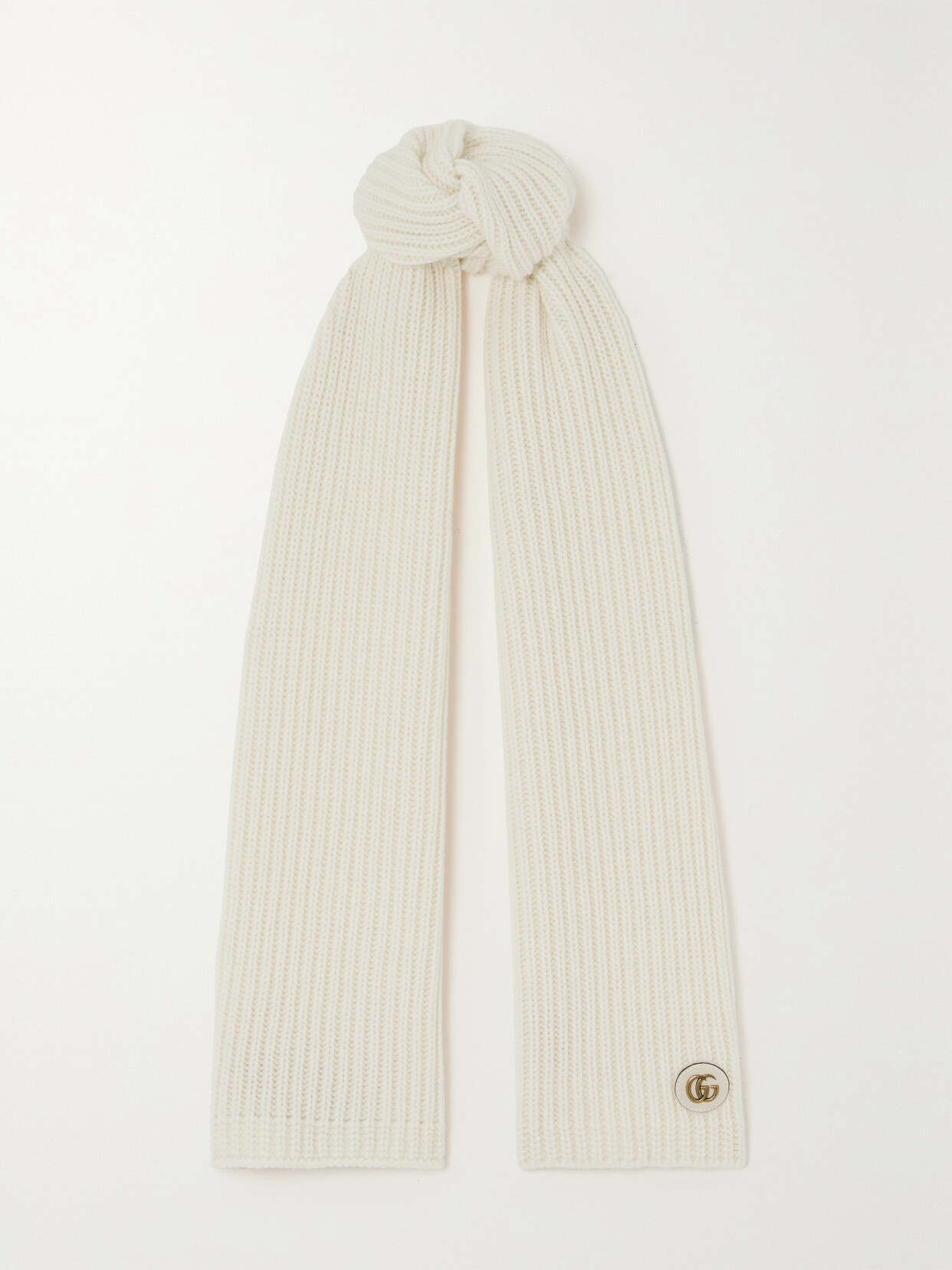 Gucci - Embellished Leather-trimmed Ribbed Wool And Cashmere-blend Scarf - Ivory