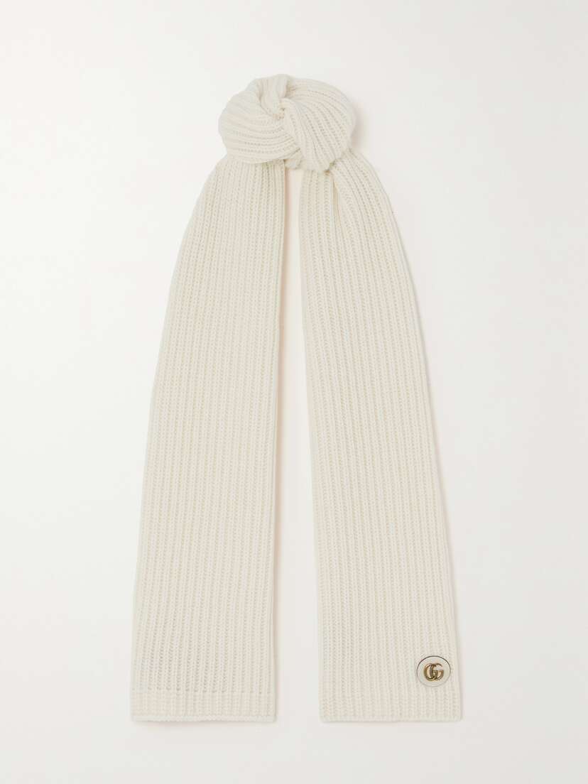 Gucci Embellished Leather-trimmed Ribbed Wool And Cashmere-blend Scarf