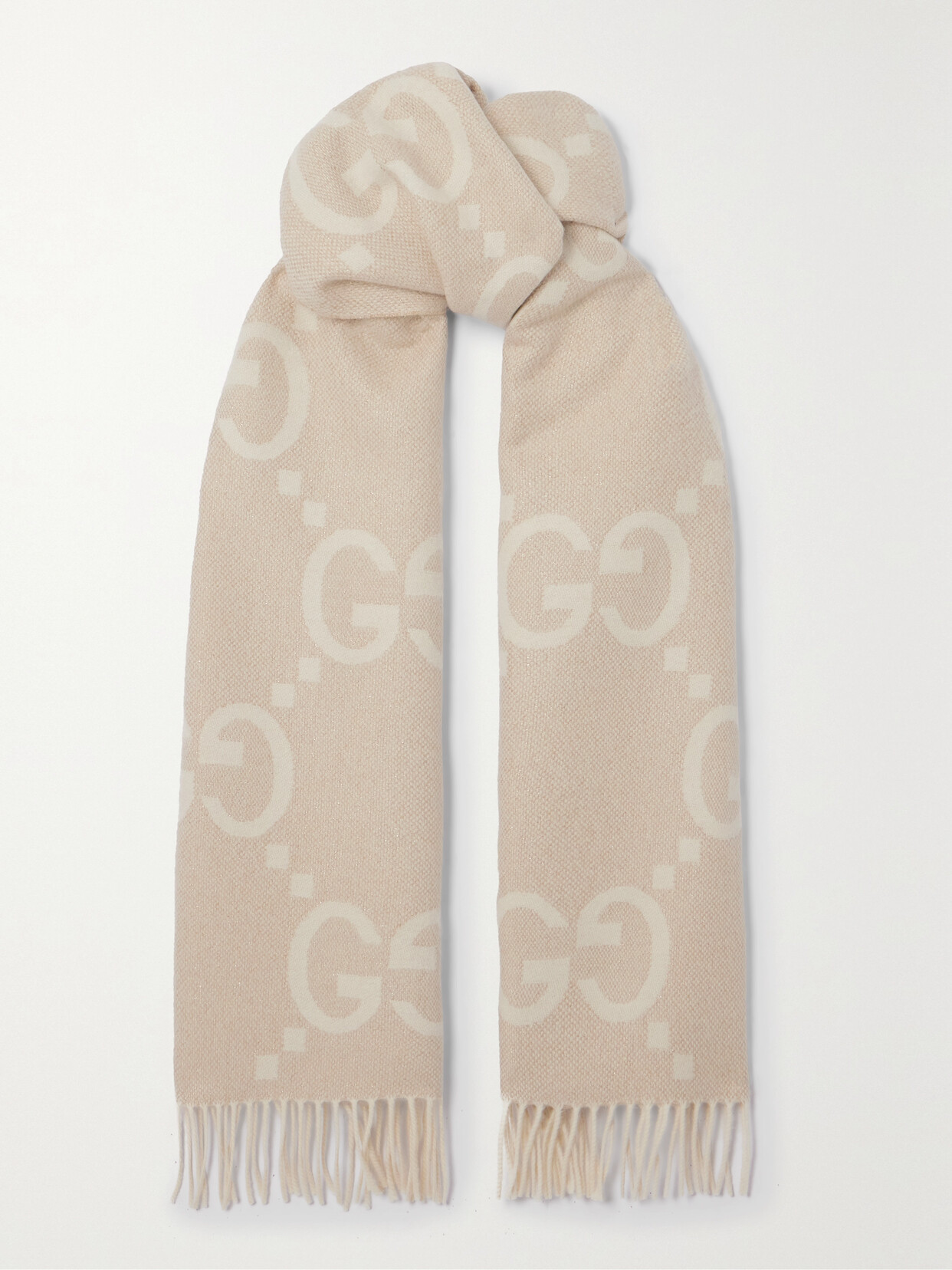 Gucci - Fringed Metallic Cashmere-blend Jacquard Scarf - Beige