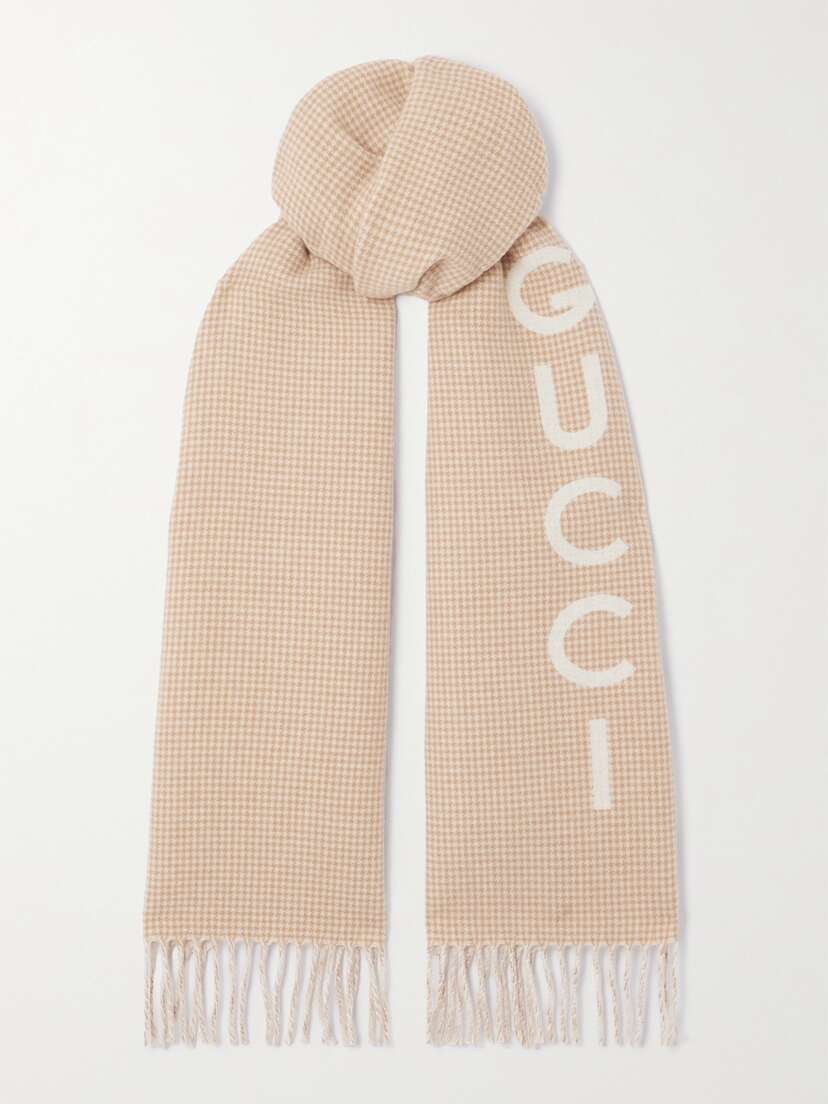 Gucci Fringed Houndstooth Wool And Cashmere-blend Scarf