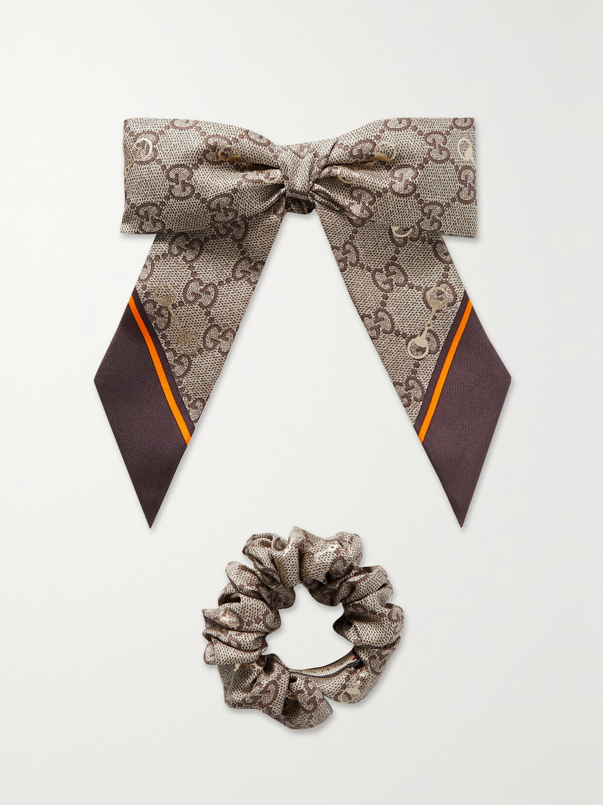 Gucci Gg Printed Silk Hair Tie And Scrunchie Set In Brown