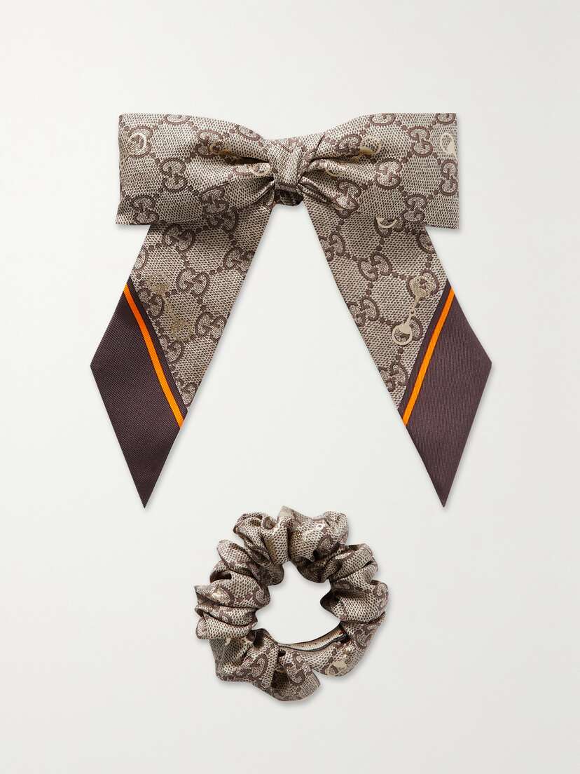 Gucci Gg Printed Silk Hair Tie And Scrunchie Set