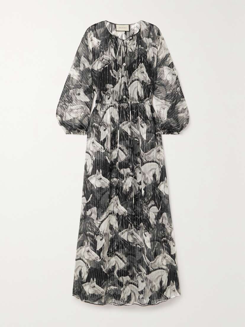 Gucci Embellished Printed Drawstring Metallic Crepe Maxi Dress