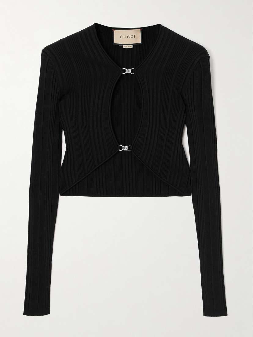 Gucci Cropped Embellished Ribbed-knit Cardigan