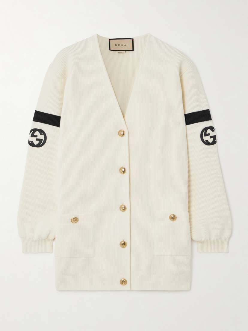 Gucci Appliquéd Striped Ribbed Wool-blend Cardigan