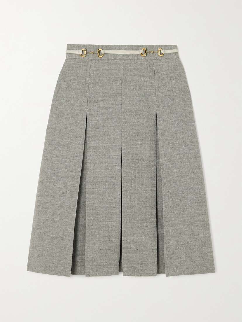 Gucci Horsebit-detailed Leather-trimmed Pleated Wool Skirt