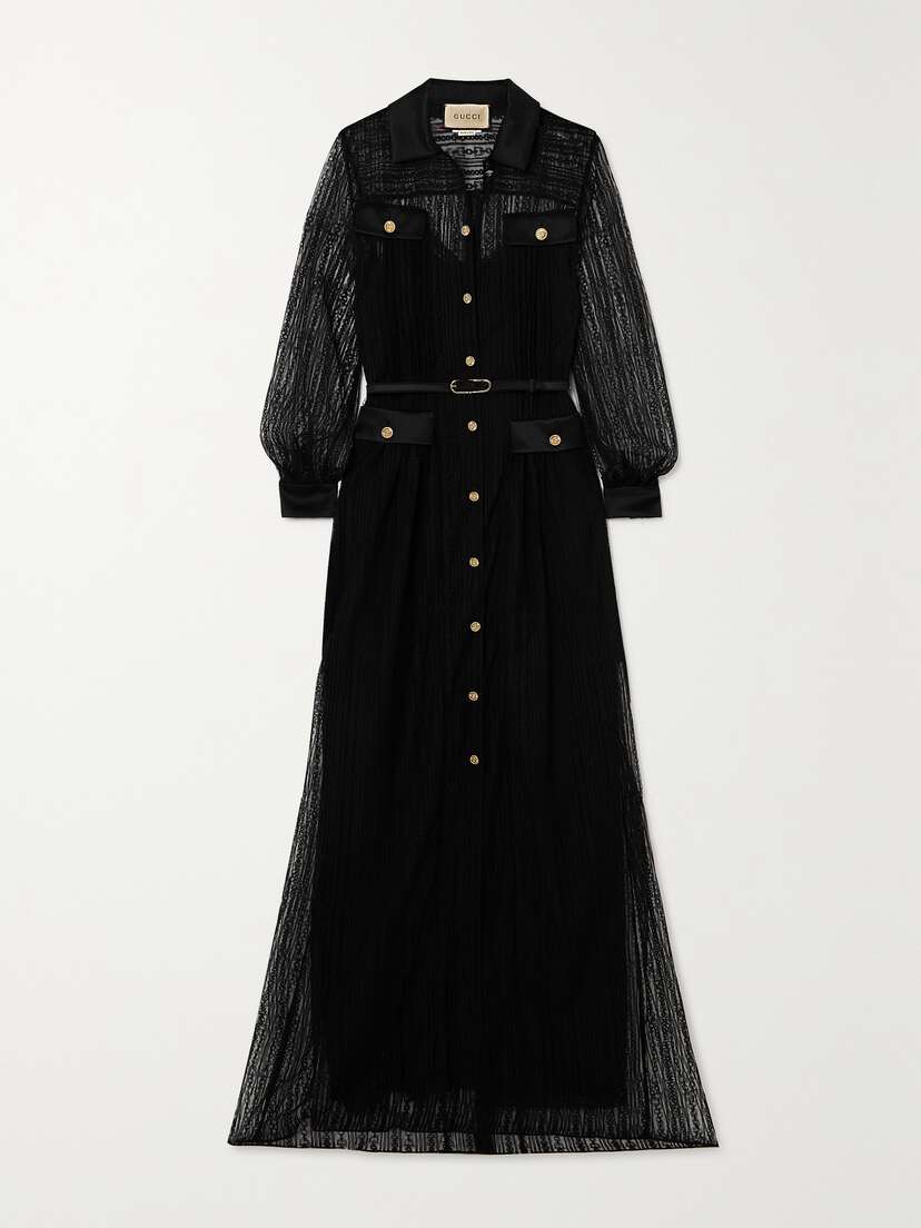 Gucci Button-embellished Leather-trimmed Lace Maxi Dress